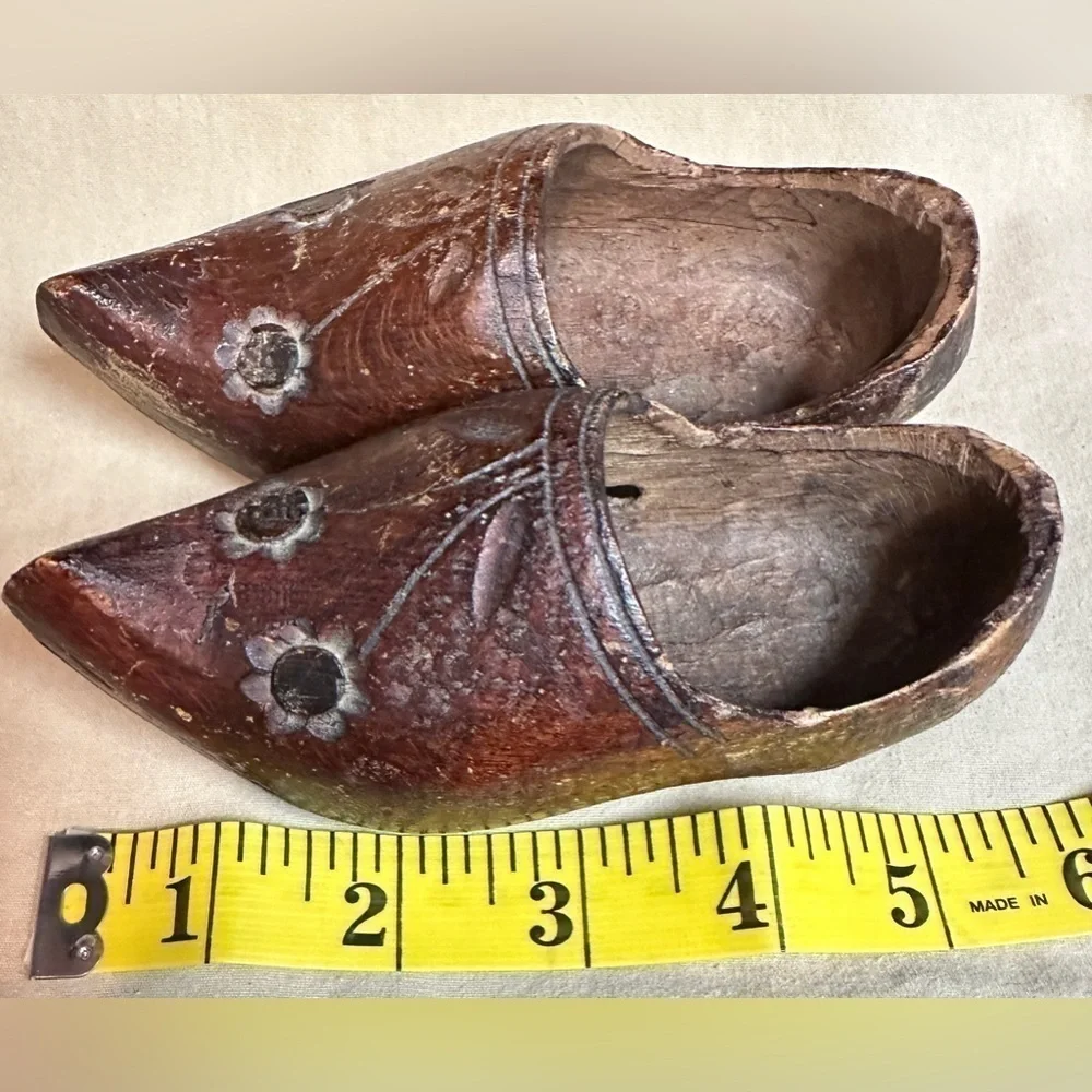 Rustic Hand Carved Antique Vintage Miniature Wooden Souvenir Clogs Flower Detail